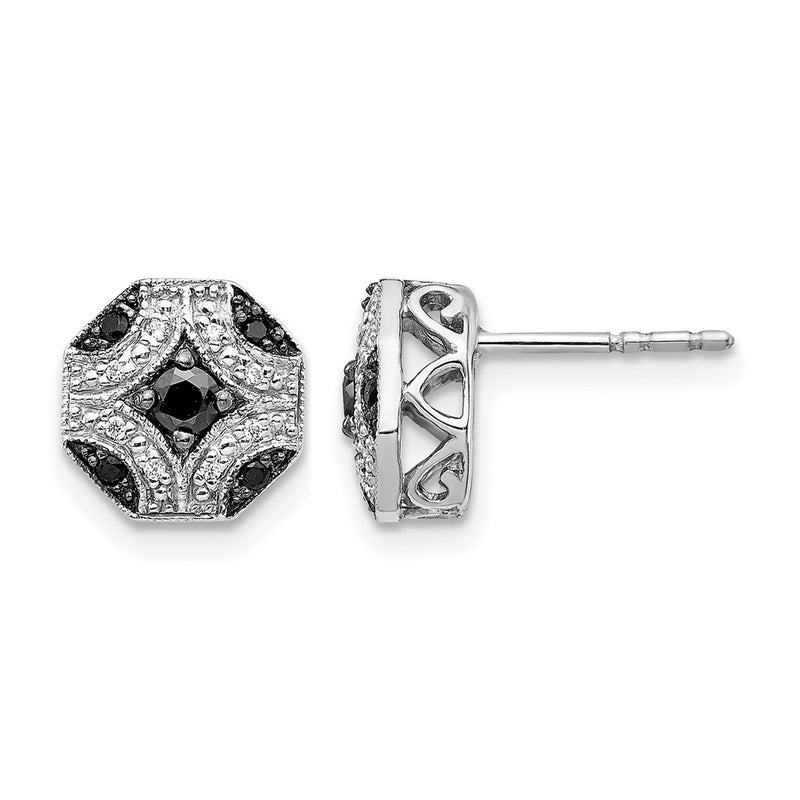 14k White Gold Fancy White and Black Real Diamond Post Earrings