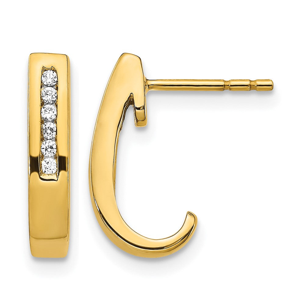 14k Yellow Gold Real Diamond J-Hoop Post Earrings