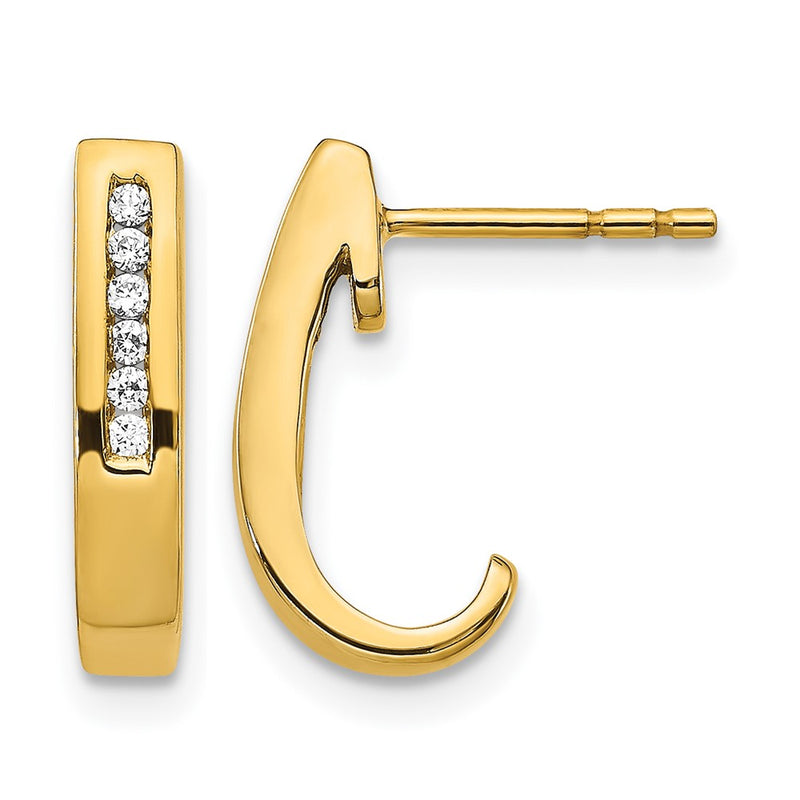 14k Yellow Gold Real Diamond J-Hoop Post Earrings