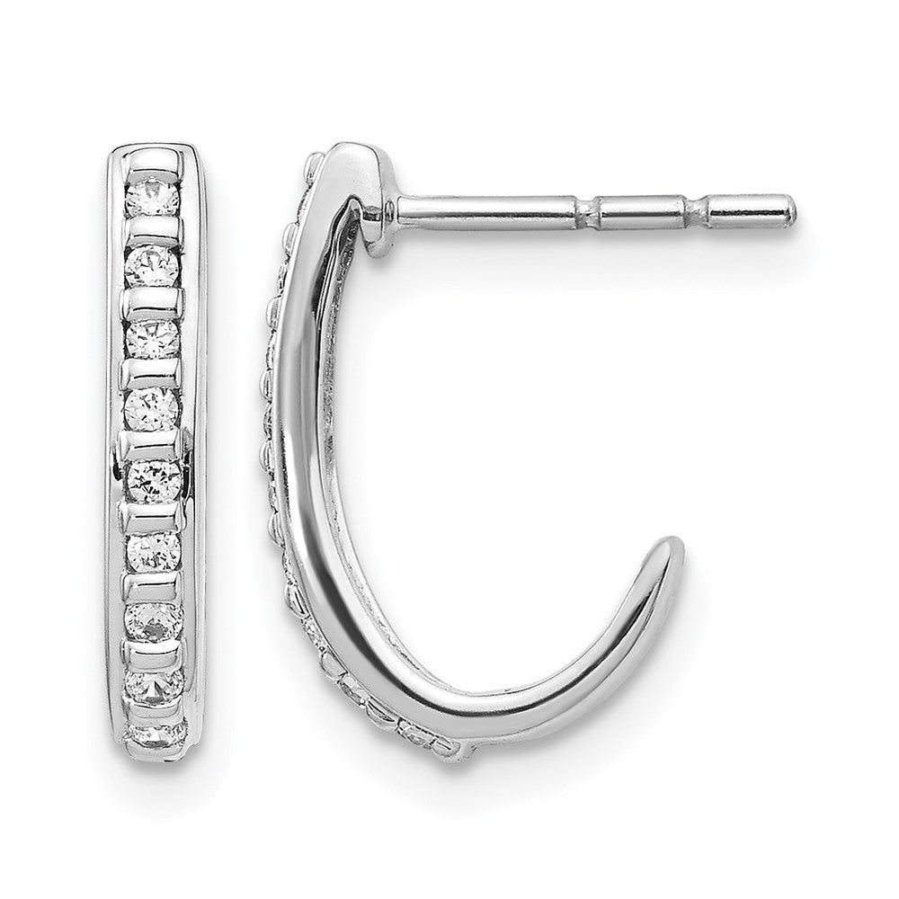 14k White Gold Real Diamond J-Hoop Post Earrings