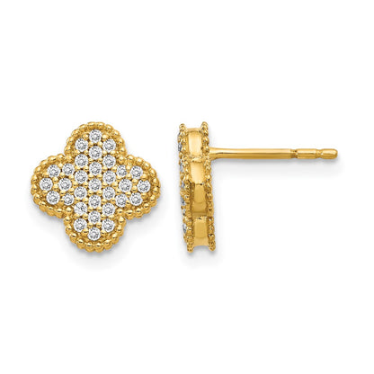 14k Yellow Gold Real Diamond Quatrefoil Post Earrings