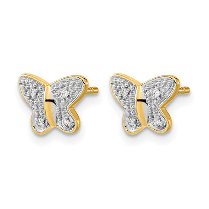 14k Yellow Gold w/Rhodium Real Diamond Butterfly Post Earrings