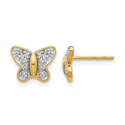14k Yellow Gold w/Rhodium Real Diamond Butterfly Post Earrings