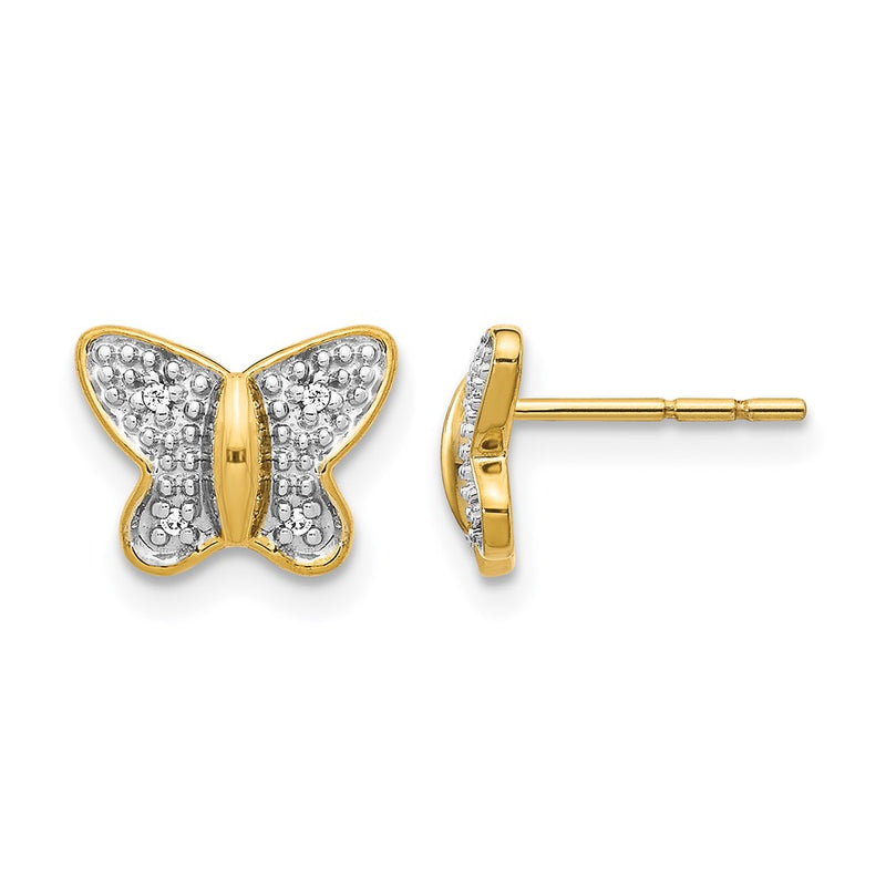 14k Yellow Gold w/Rhodium Real Diamond Butterfly Post Earrings
