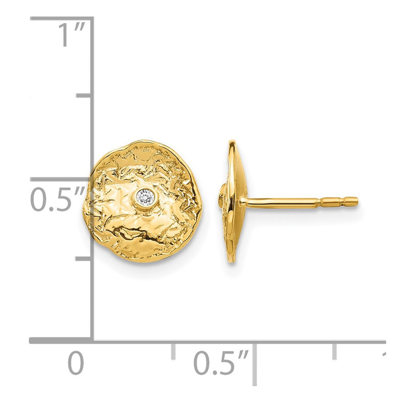 14k Yellow Gold Small Textured Circle Real Diamond Earrings
