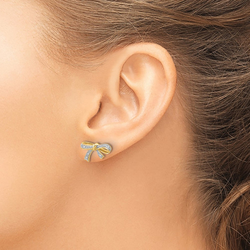14k Yellow Gold Real Diamond Bow Post Earrings