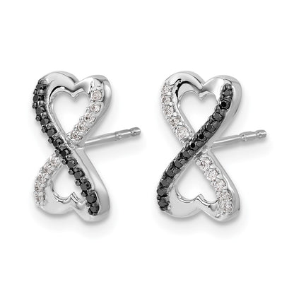 14k White Gold Black and White Real Diamond Infinity Heart Post Earrings