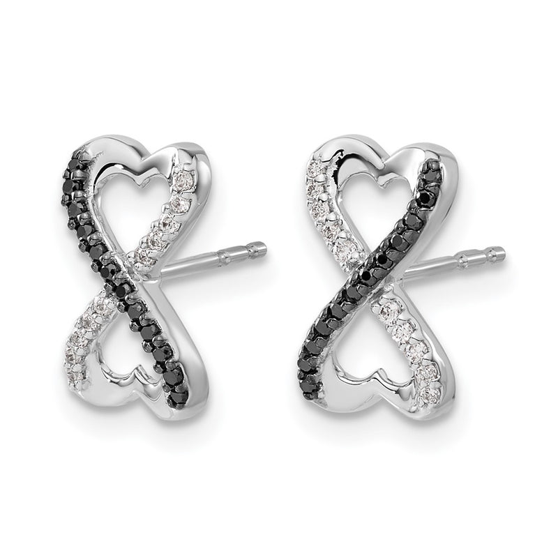 14k White Gold Black and White Real Diamond Infinity Heart Post Earrings