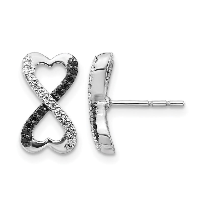 14k White Gold Black and White Real Diamond Infinity Heart Post Earrings