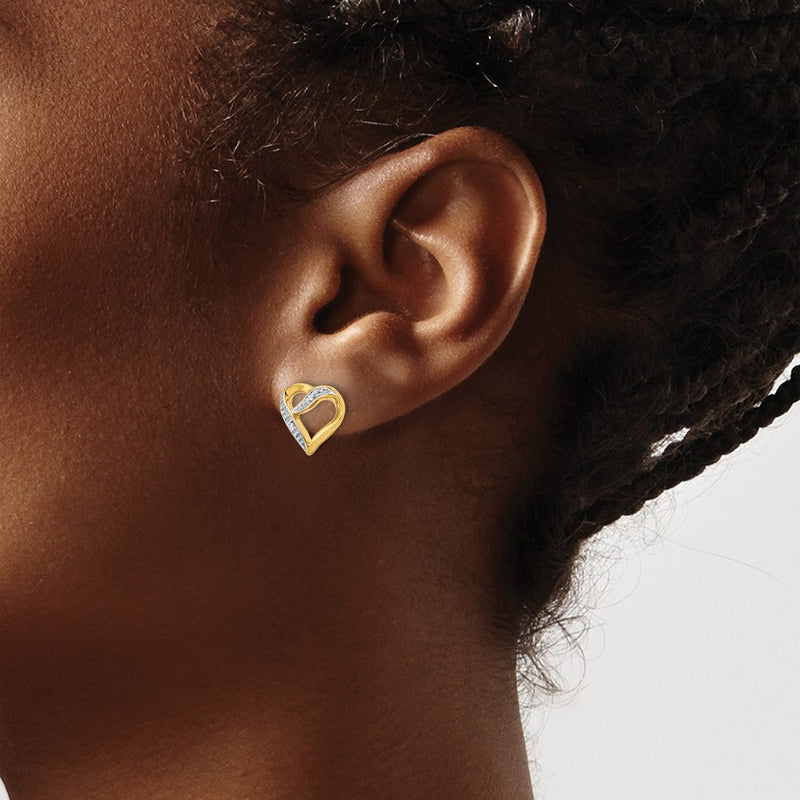 14k Yellow Gold and Rhodium Marquise Real Diamond Heart Post Earrings
