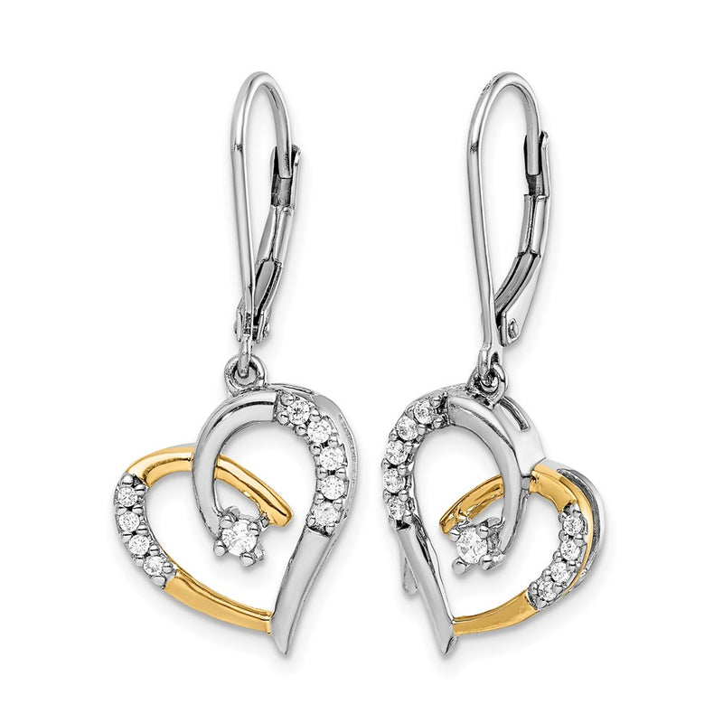 14k Yellow Gold Yellow and White Gold Real Diamond Heart Leverback Earrings