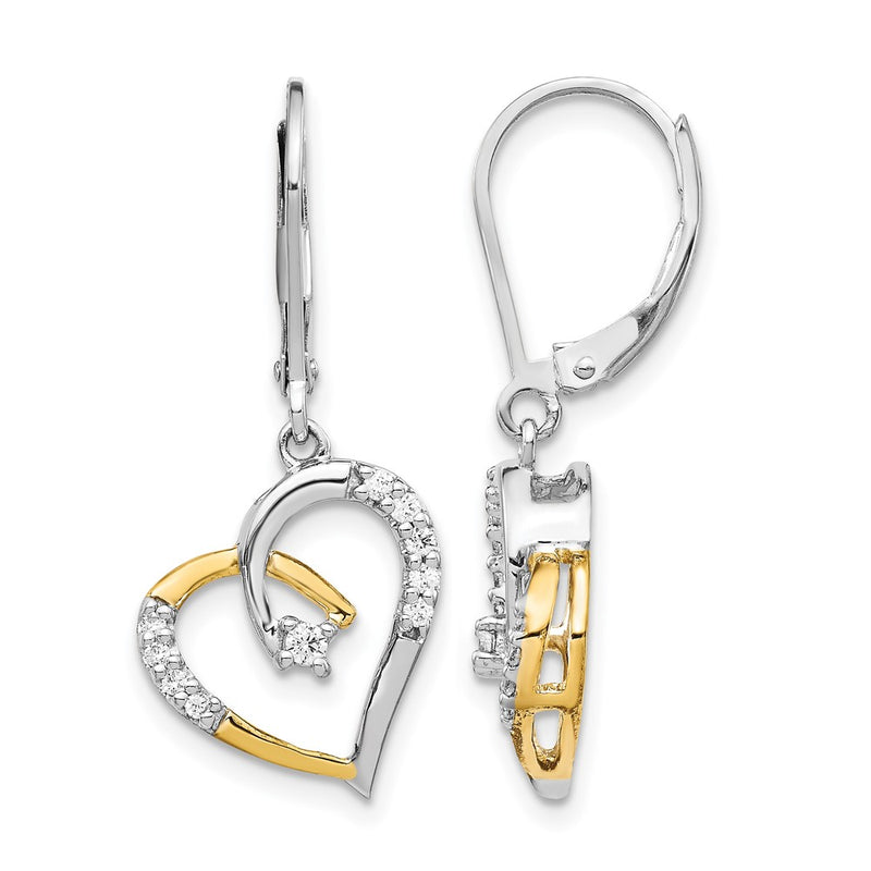 14k Yellow Gold Yellow and White Gold Real Diamond Heart Leverback Earrings