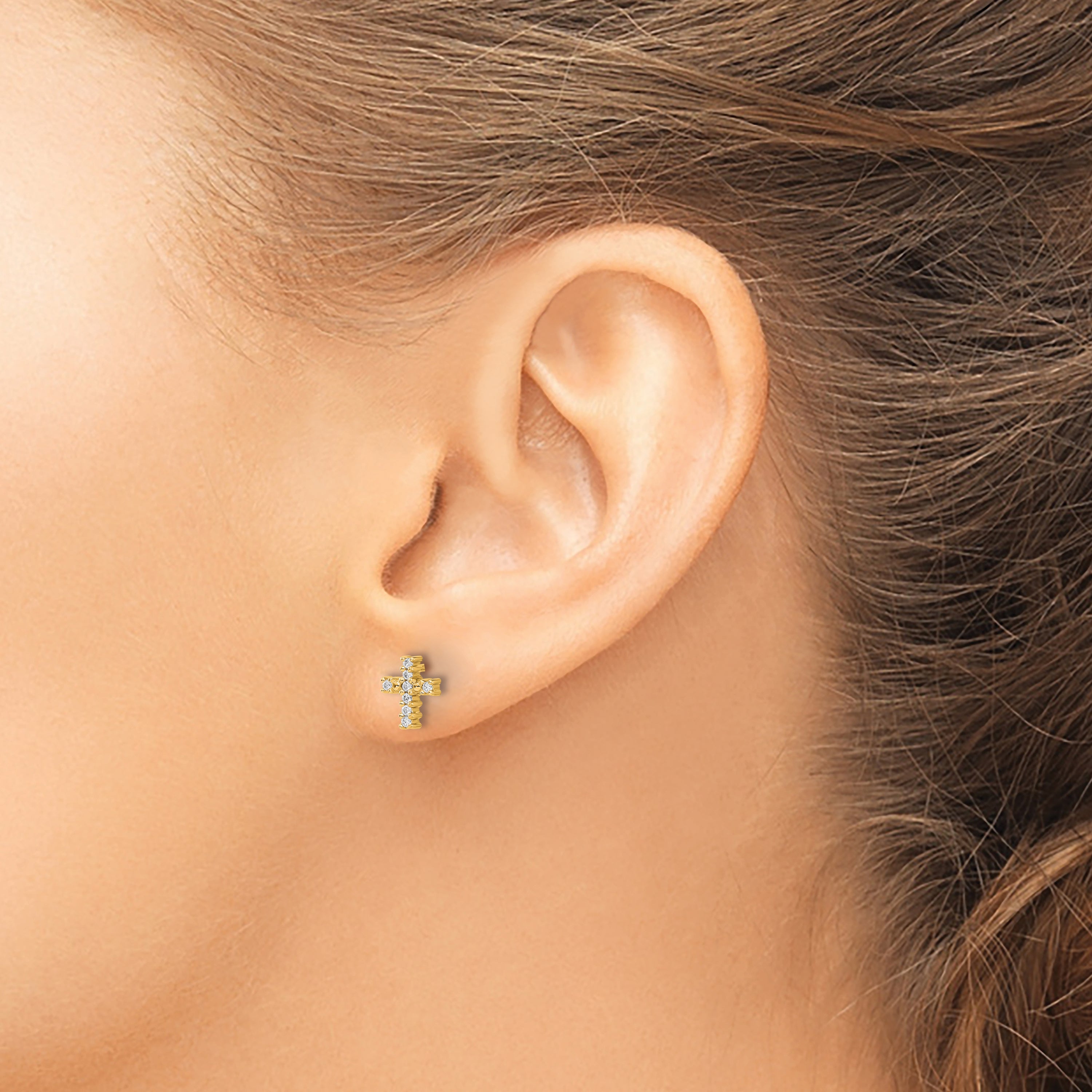 10K Yellow Gold Polished Diamond Cross Post Earrings