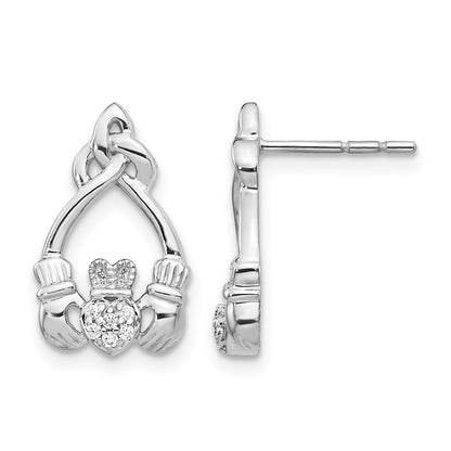 14k White Gold Real Diamond Claddagh Post Earrings