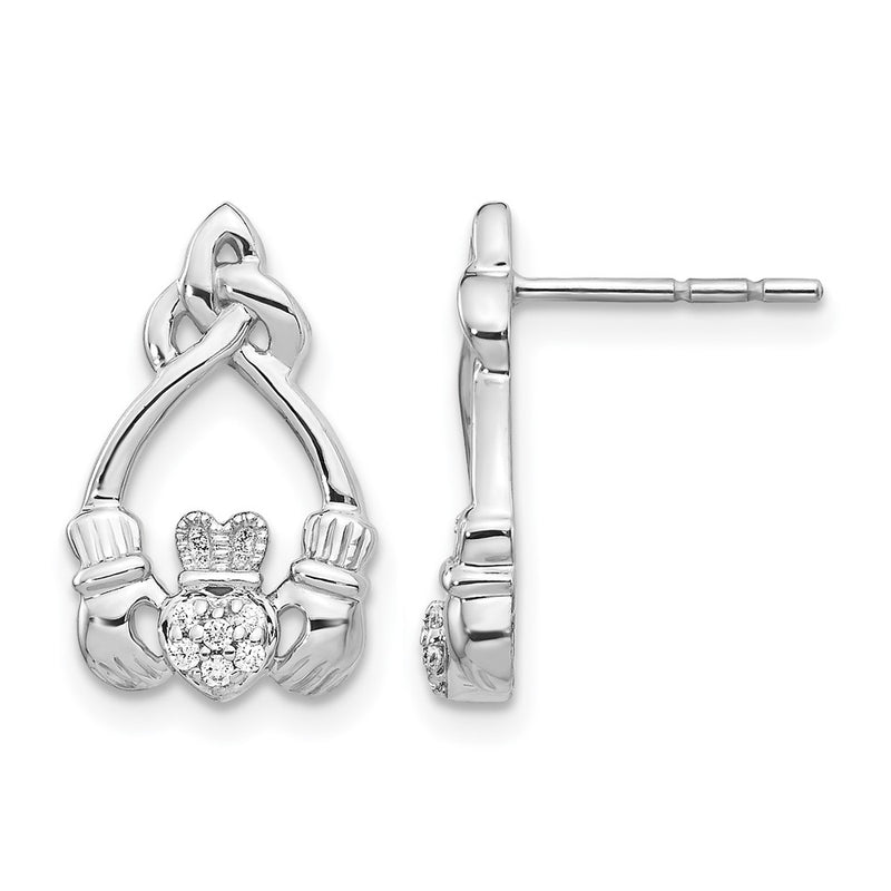 14k White Gold Real Diamond Claddagh Post Earrings
