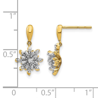 14k Yellow Gold Real Diamond Flower Post Dangle Earrings