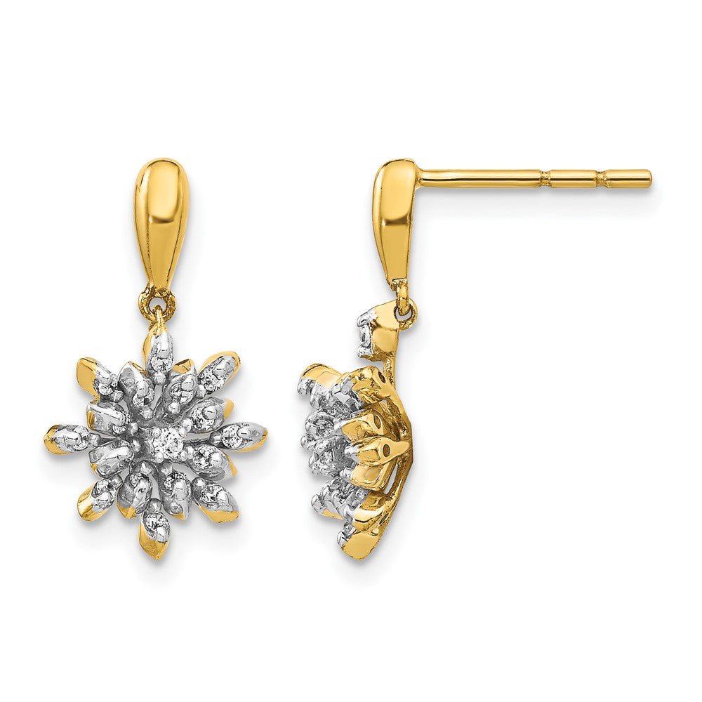 14k Yellow Gold Real Diamond Flower Post Dangle Earrings