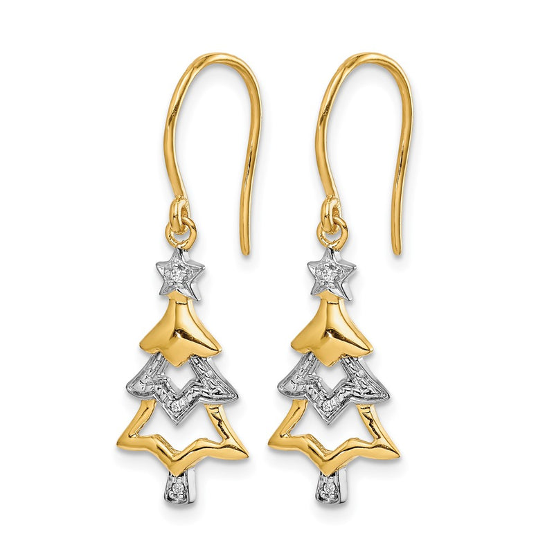 14k Yellow Gold and Rhodium Real Diamond Christmas Tree Dangle Earrings