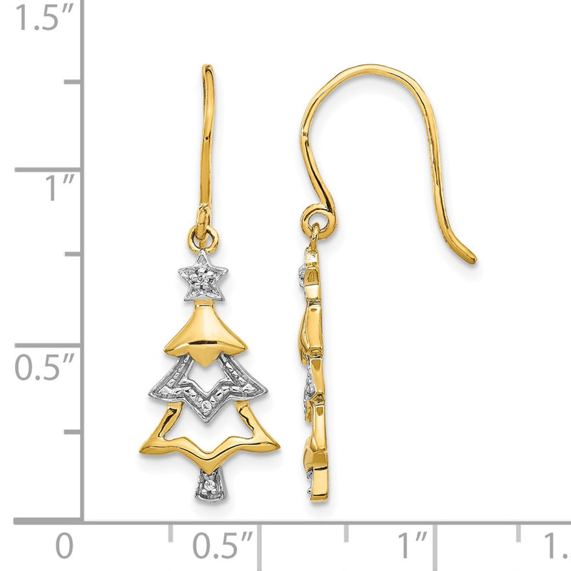 14k Yellow Gold and Rhodium Real Diamond Christmas Tree Dangle Earrings