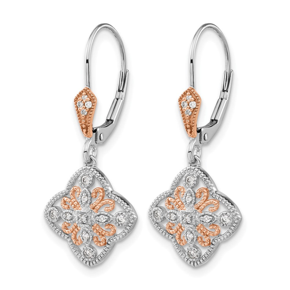 14k White Gold w/Rose Rhodium Real Diamond Leverback Earrings