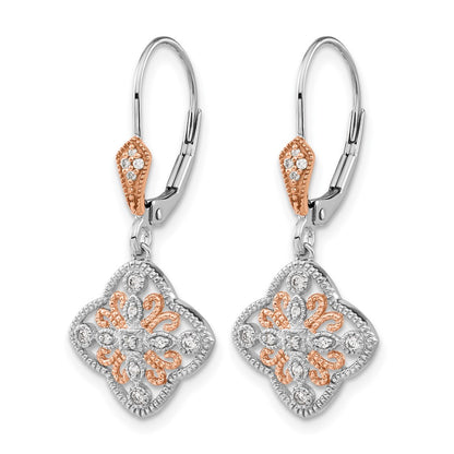 14k White Gold w/Rose Rhodium Real Diamond Leverback Earrings