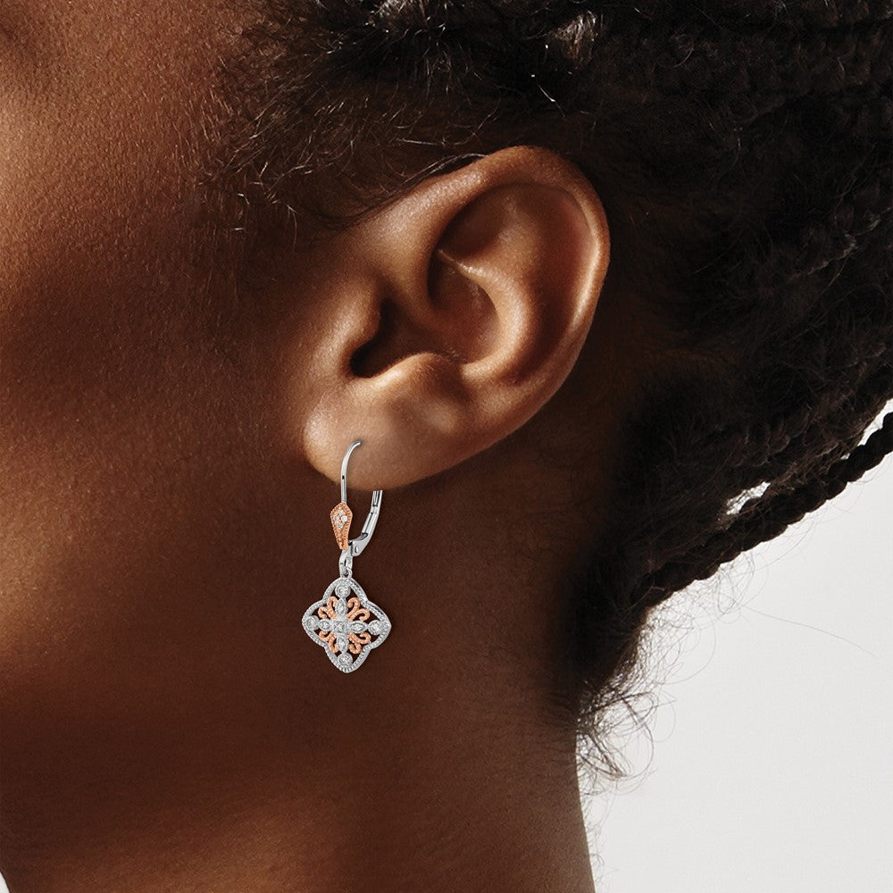 14k White Gold w/Rose Rhodium Real Diamond Leverback Earrings