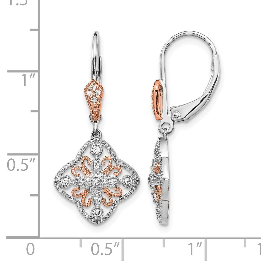 14k White Gold w/Rose Rhodium Real Diamond Leverback Earrings
