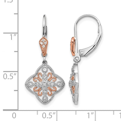 14k White Gold w/Rose Rhodium Real Diamond Leverback Earrings