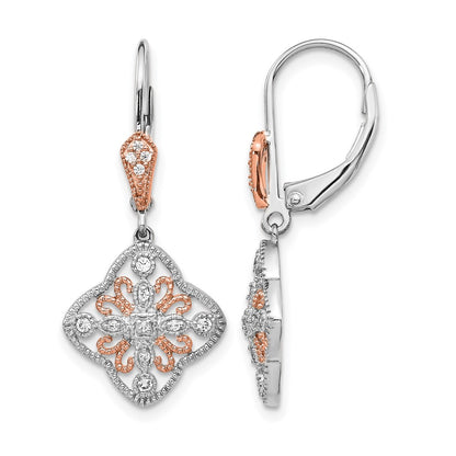 14k White Gold w/Rose Rhodium Real Diamond Leverback Earrings