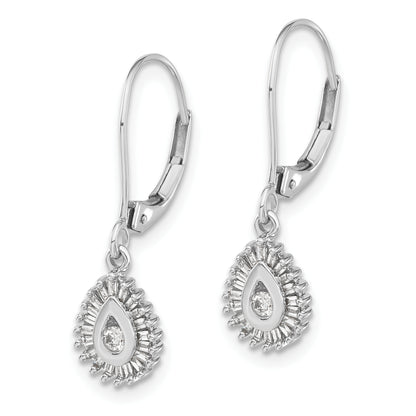 10K White Gold Baguette Diamond Teardrop Halo Leverback Earrings
