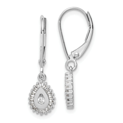 10K White Gold Baguette Diamond Teardrop Halo Leverback Earrings