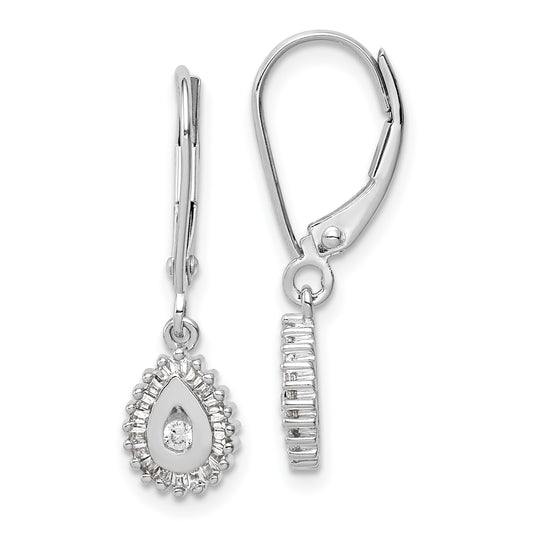 10K White Gold Baguette Diamond Teardrop Halo Leverback Earrings