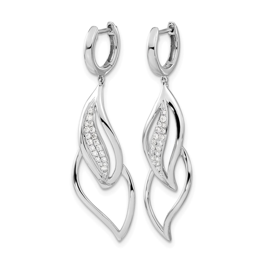 14k White Gold Real Diamond Hinged Hoop Leaf Design Dangle Earrings