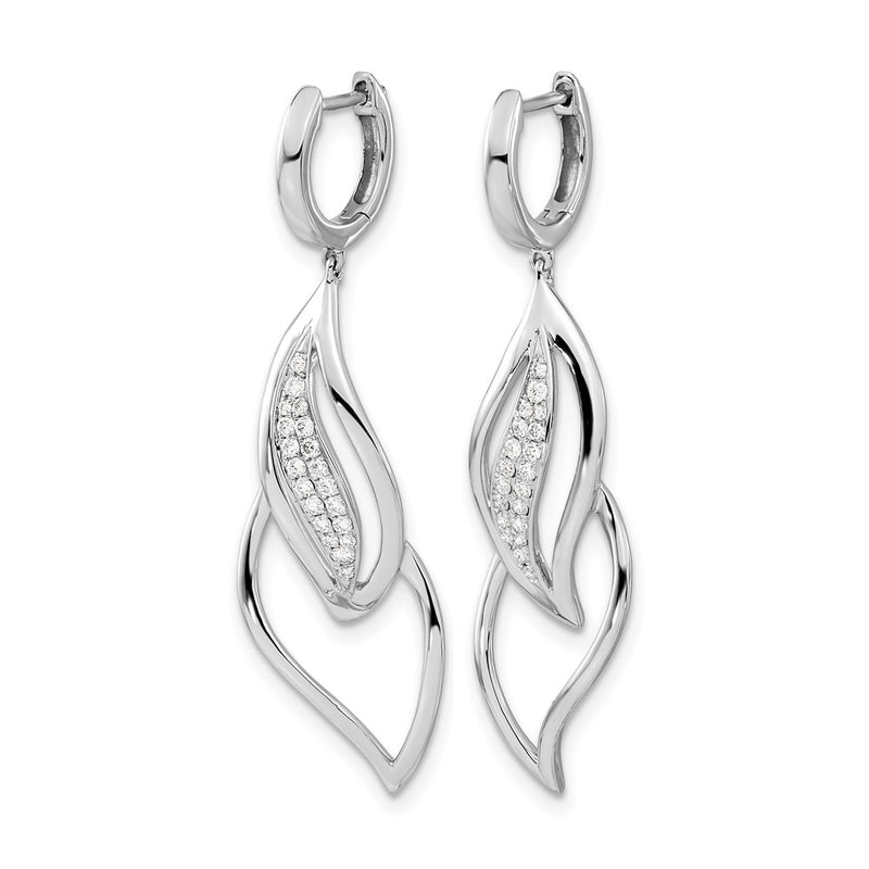 14k White Gold Real Diamond Hinged Hoop Leaf Design Dangle Earrings