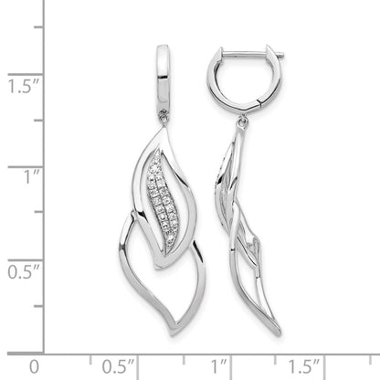 14k White Gold Real Diamond Hinged Hoop Leaf Design Dangle Earrings