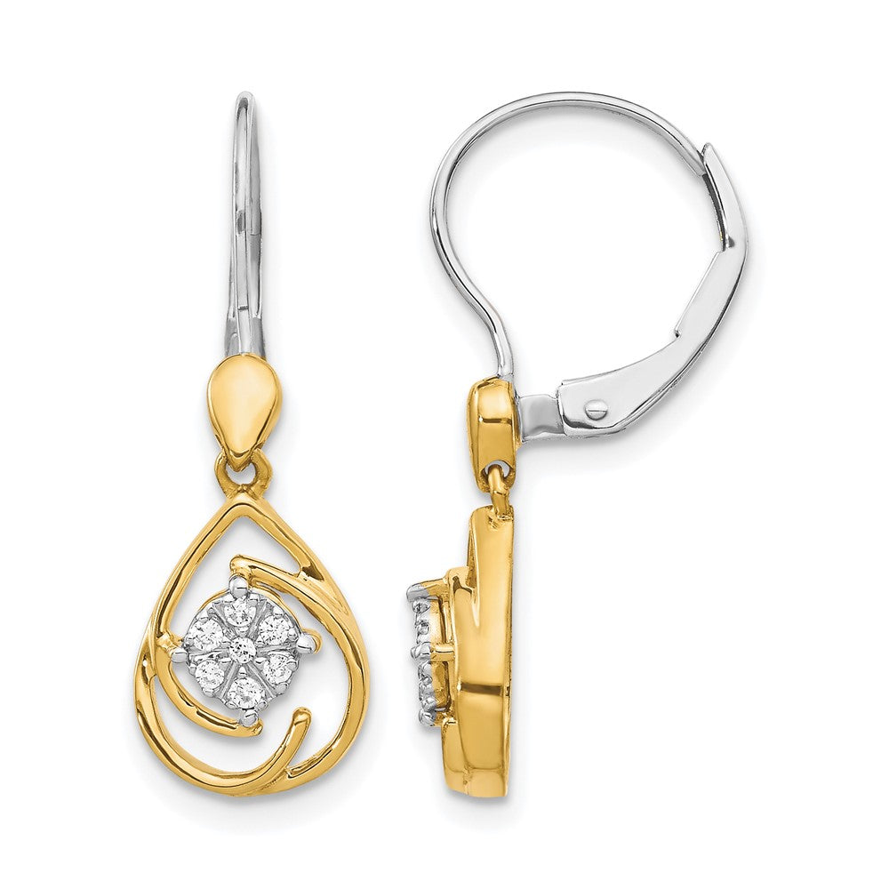 14k Yellow Gold Two-tone Real Diamond Teardrop Dangle Leverback Earrings