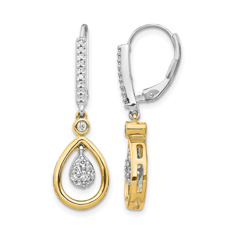 14k Yellow Gold Two-tone Oval Cluster Real Diamond Leverback Earrings