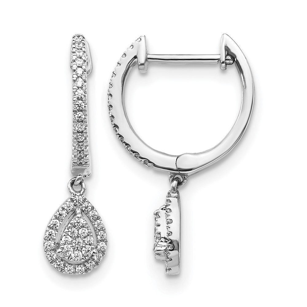 14k White Gold Real Diamond Teardrop Hinged Hoop Earrings