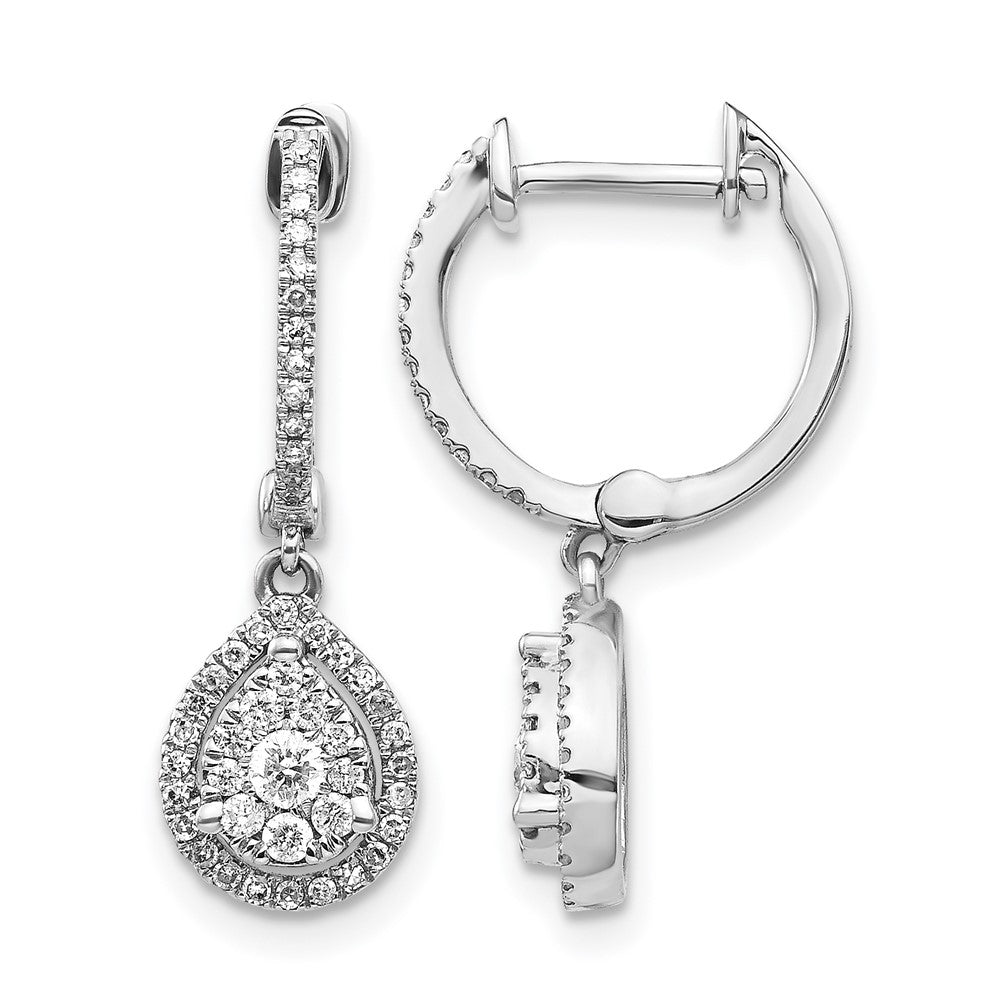14k White Gold Real Diamond Teardrop Hinged Hoop Earrings