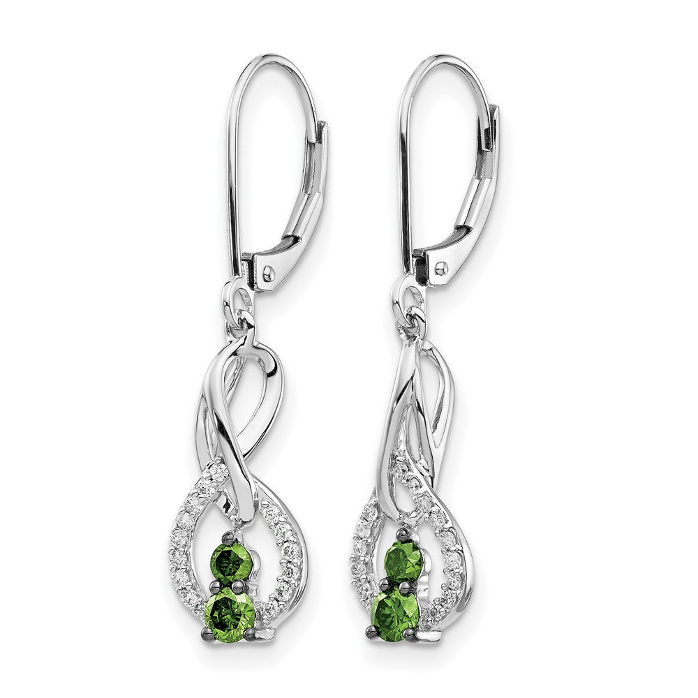 14k White Gold Green/White Real Diamond Leverback Earrings
