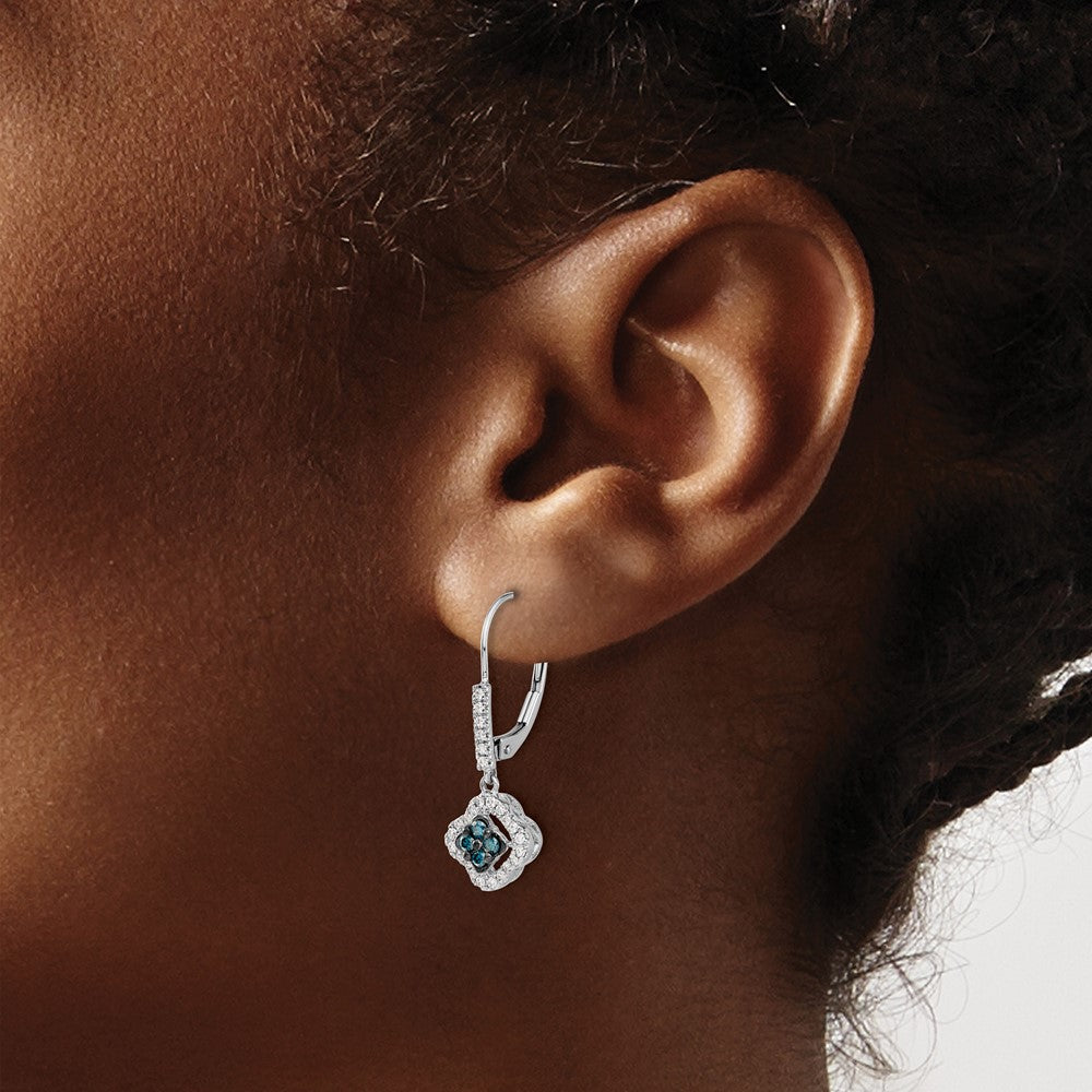 14K White Gold And Blue Diamond Dangle Leverback Earrings