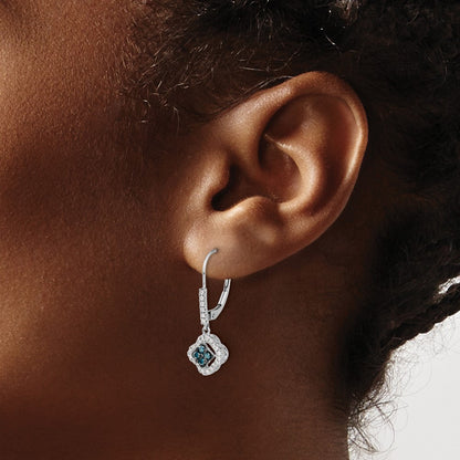14K White Gold And Blue Diamond Dangle Leverback Earrings