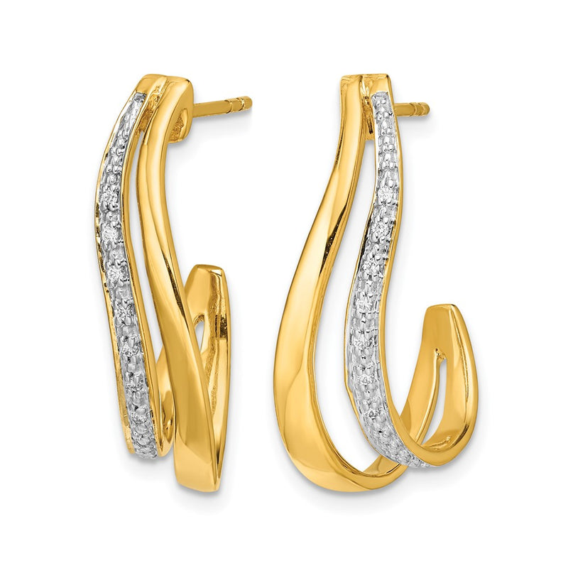 14k Yellow Gold w/Rhodium Real Diamond J-Hoop Post Earrings
