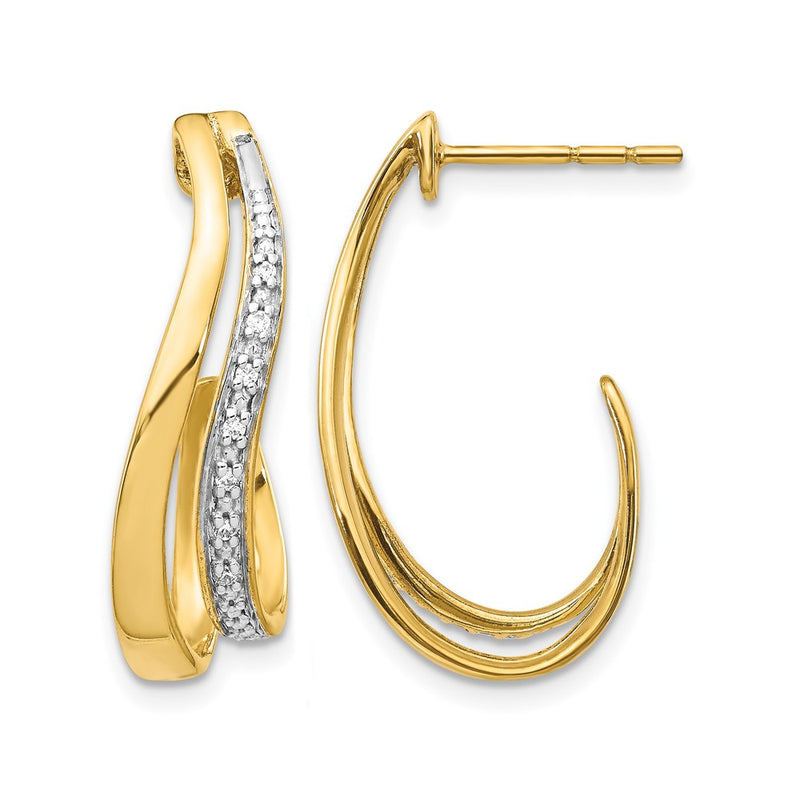 14k Yellow Gold w/Rhodium Real Diamond J-Hoop Post Earrings
