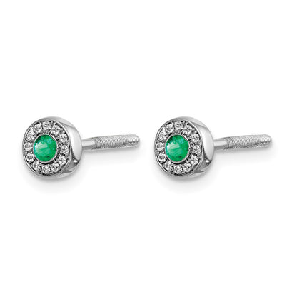 14k White Gold Real Diamond and Emerald Halo Post Earrings