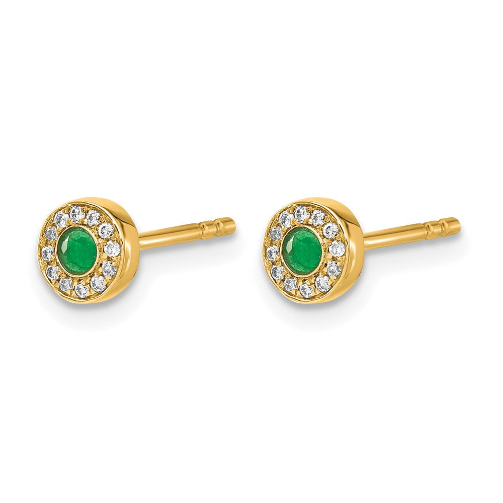14k Yellow Gold Real Diamond and Emerald Halo Post Earrings