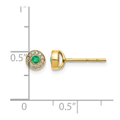 14k Yellow Gold Real Diamond and Emerald Halo Post Earrings