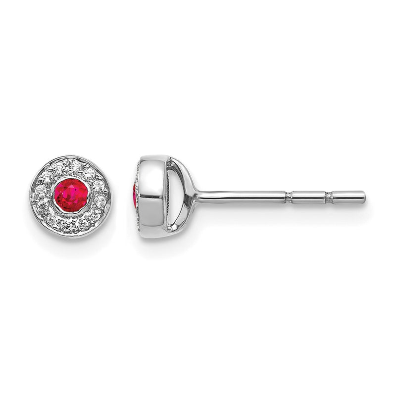 14k White Gold Real Diamond and Ruby Halo Post Earrings