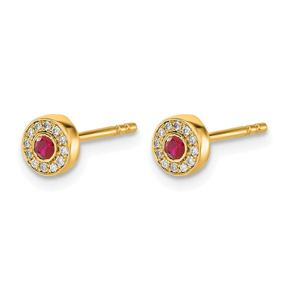14k Yellow Gold Real Diamond and Ruby Halo Post Earrings
