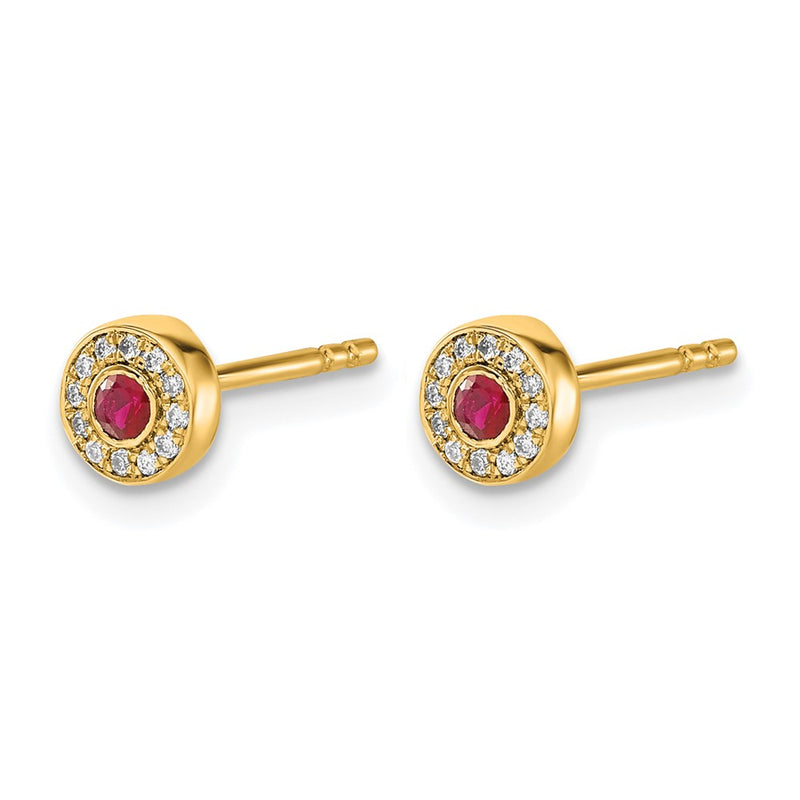 14k Yellow Gold Real Diamond and Ruby Halo Post Earrings